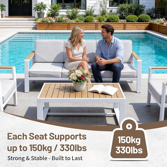 Modern All Weather Aluminum Patio Conversation Set,5 Pieces Oversized Metal Sectional Sofa Couch with Cushions and Coffee Table,Outdoor Furniture for Backyard,Porch,Garden, Balcony,Deck White