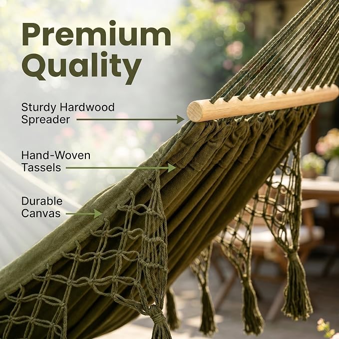 Boho Fringe Hammock with Carry Bag and 2 Tree Straps, 2 Person Fabric Hammock, 500 lb Capacity for Backyard, Porch, Patio, Camping, Indoor Outdoor Use