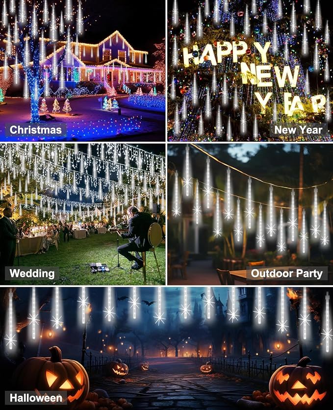 Christmas Rain Lights Outdoor 12" 10 Tubes, White | 240 LEDs Meteor Shower Light Falling Rain Drop Lights Icicle Cascading Xmas String Light for Tree Wedding Party Garden Decor