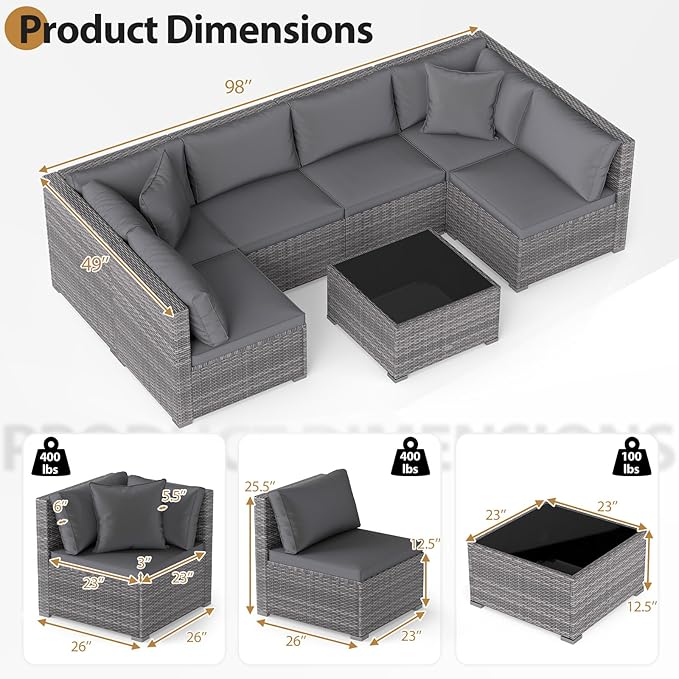 Tangkula 7 Pieces Wicker Patio Furniture Set, Outdoor Sectional Rattan Sofa Set with Seat & Back Cushions, Pillows, Coffee Table, Modular Conversation Set for Backyard, Poolside, Deck & Garden, Grey