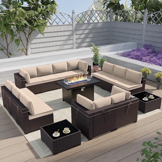 Outdoor Terrace Furniture Set with 43-Inch Aluminum 55001 BTU Propane Fire Pit, 15 Piece PE Willow Vine Dialogue - Brown