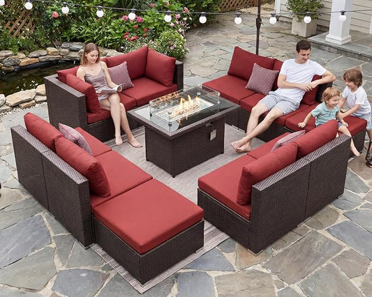 BULEXYARD 11 Piece High Back Outdoor Furniture Set with Firepit, Elegant Patio Conversation Set with Ottoman Modular, Extra Wide Deep 10-Seats Sectional Couch Sofa for Yard, Brown Rattan & Red Cushion