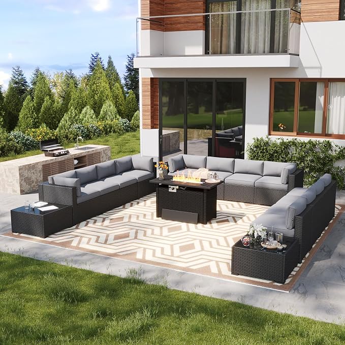 LazySunsets 15 Piece Outdoor Patio Furniture Set with 44'' Fire Pit Table, Outdoor Patio Furniture Set with Thicken Cushion, Wicker Rattan Outdoor Conversation Set for Backyard & Garden, Light Grey