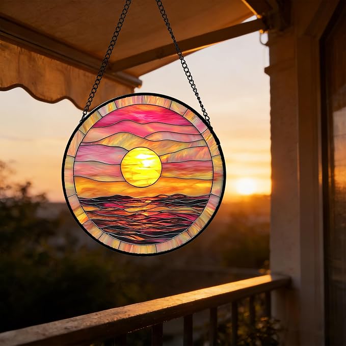 DASTOLL Stained Glass Window Hanging, Sunrise Sea Surface Sun Catchers Diamond Glass Panel Hangings Abstract Suncatcher Decor for Birthday for Women, Men, Wife, Aunt, and Mom 14.9 in