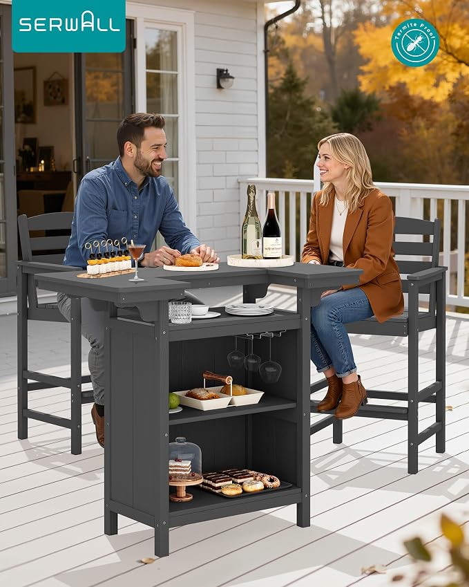 SERWALL Outdoor Bar Table,Patio Bar Cabinet with 4-Tier Storage and Spacious Tabletop for Outside,Poolside, Backyard,Made of HDPE,Gray