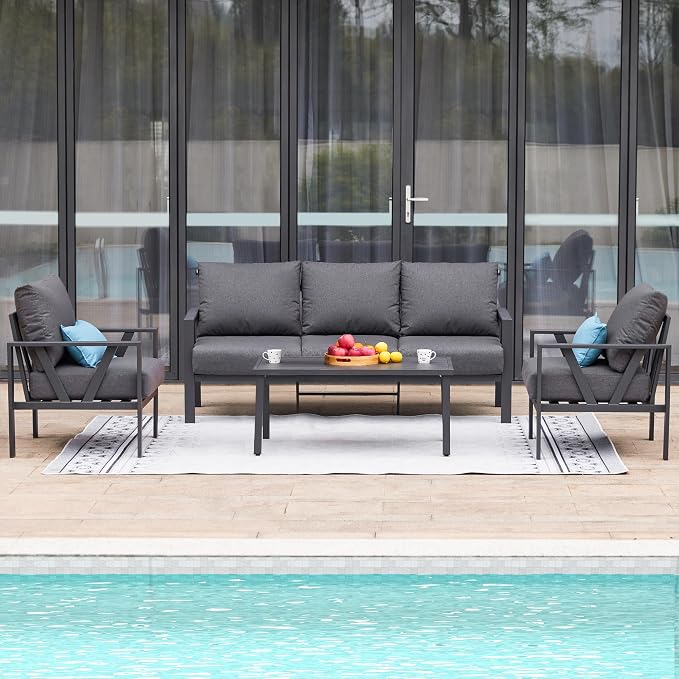Patio Furniture Set, Metal Outdoor Furniture with Coffee Table, Modern Outdoor Patio Conversation Seating Set, Grey