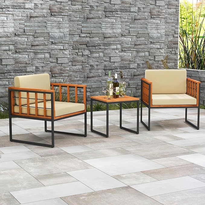 Tangkula 3 Pieces Patio Chair Set, Acacia Wood Outdoor Sofa Set with Metal Support, Soft Seat & Back Cushions Included, Cushioned Bistro Set for Balcony, Porch, Backyard (Beige)