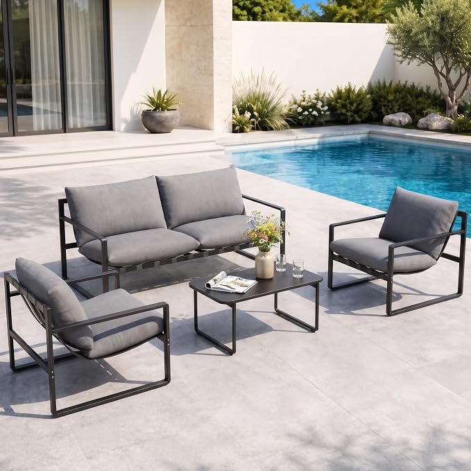 Grand patio 4 Piece Outdoor Furniture Set, Patio Sofa with Cushion, Metal Couch with Coffee Table, 4-Seat Conversation Set for Porch Deck Balcony Backyard, Grey