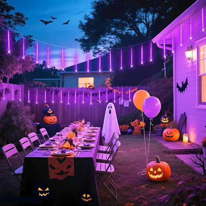 JMEXSUS Solar Halloween Lights Outdoor Purple Solar Lights | 8 Tube 144 LEDs, Solar Meteor Shower Lights for Halloween Tree Fence Eaves Patio Yard Holiday Party Decor