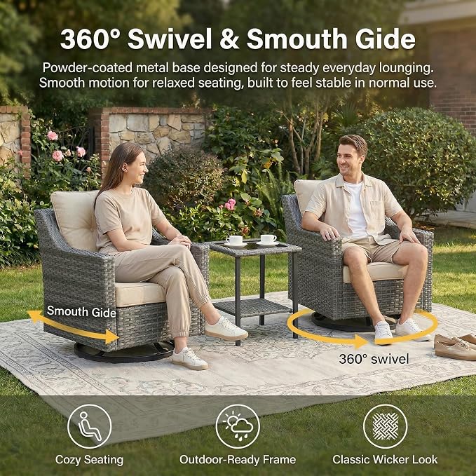5-Piece Outdoor Patio Furniture Set, Grey Wicker Conversation Set with 2 Sofas, 2 Swivel Chairs and Rectangular 60,000 BTU Fire Pit Table, Beige Cushions