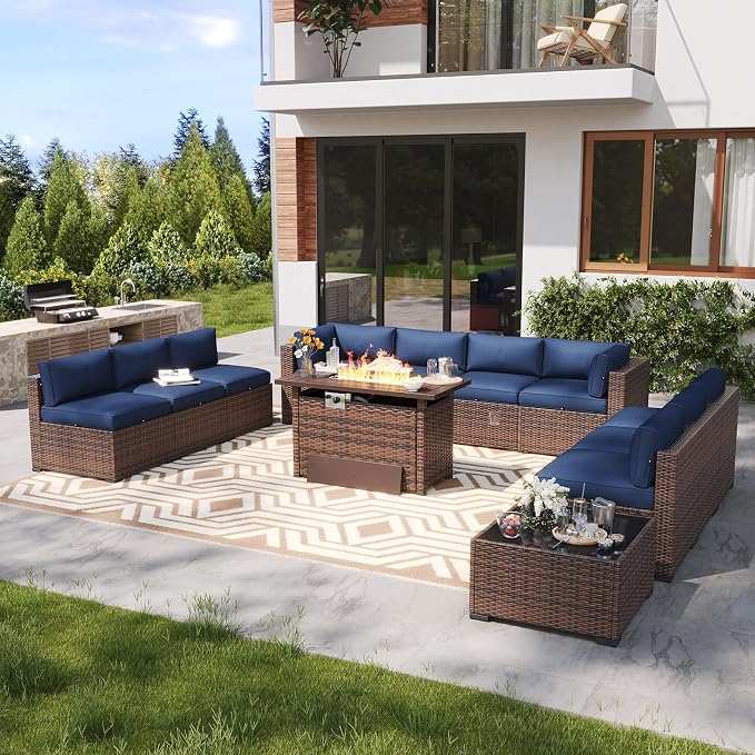 LazySunsets 12 Piece Outdoor Patio Furniture Set with 44'' Fire Pit Table, Outdoor Patio Furniture Sets with 4'' Thicken Cushion, Wicker Rattan Outdoor Conversation Set for Backyard, Blue