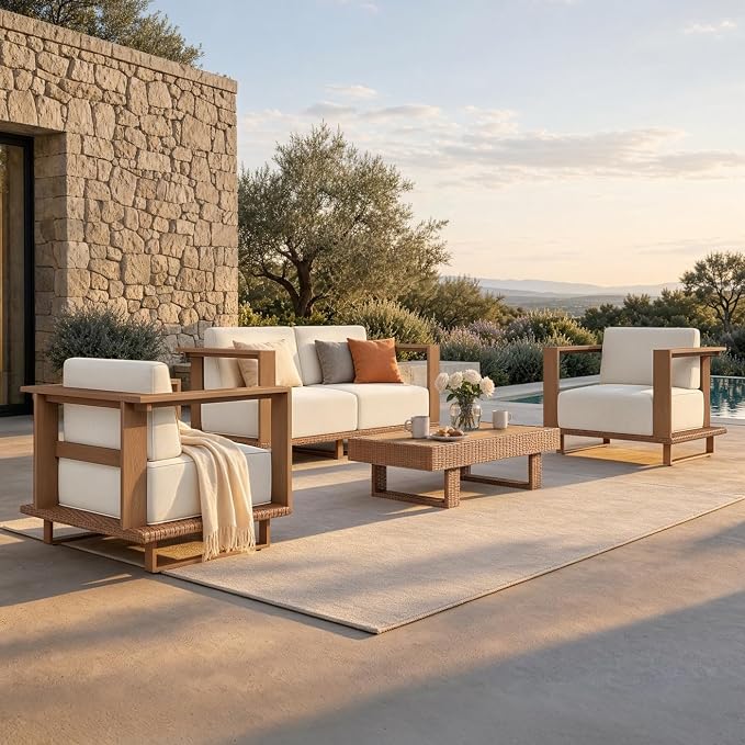 Sophia & William HDPE Patio Furniture Set，Modern Outdoor Sectional Sofa Set with 9.8" Cushions and 43.5" Wood Grain Coffee Table, Deep Seating Outdoor Conversation Set for Backyard(Beige, 5 Pieces)