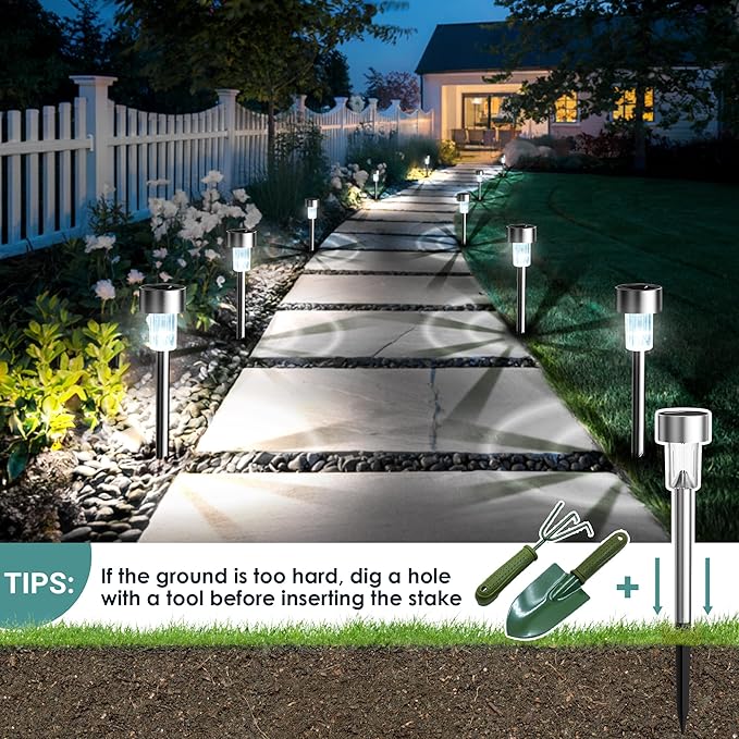 GIGALUMI Solar Lights Outdoor Waterproof, 12 Pack, Stainless Steel LED Solar Garden Lights for Patio, Lawn, Yard and Landscape, Cold White | Stainless Steel LED, Ideal for Patio Lawn Yard Landscape, Durable Decorative Lighting