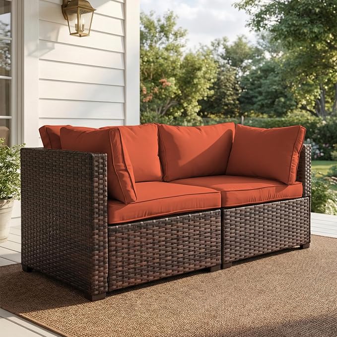 2 Pieces Patio Furniture Set, Outdoor PE Rattan Sectional Sofa with Soft Cushions for Backyard, Porch, and Poolside (Red, 2 PCS)