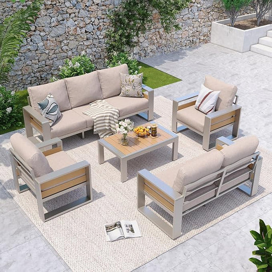 Aoxun Aluminum Patio Furniture Set, 7 Seats Luxury Metal Patio Conversation Sets with Coffee Table, Thick Cushions and Waterproof Cover, Sectional Outdoor Furniture Set for Backyard/Poolside, Beige