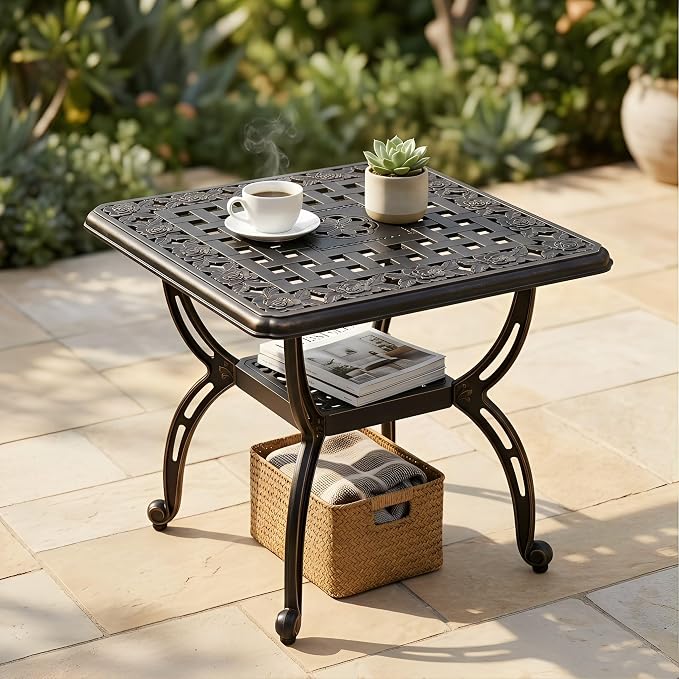 Square Outdoor Coffee Table Set of 2, Cast Aluminum Side Table with Storage,Indoor End Table, All-Weather Bistro Table for Patio Garden Lawn, Bronze