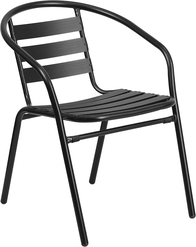 Flash Furniture Lila 7-Piece Glass Patio Table and Chairs Set, Outdoor Patio Dining Set with Rectangular Table and 6 Slat Back Patio Chairs, Black | Umbrella Hole, 55 in Tempered Glass, Aluminum Slat Back Stack Chairs
