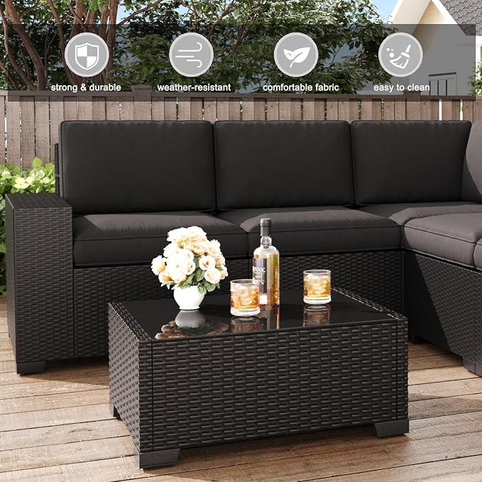 LayinSun 7 Pieces Patio Furniture Set with Fire Pit Table, Black Rattan Modular Sectional Patio Conversation Sofa Set