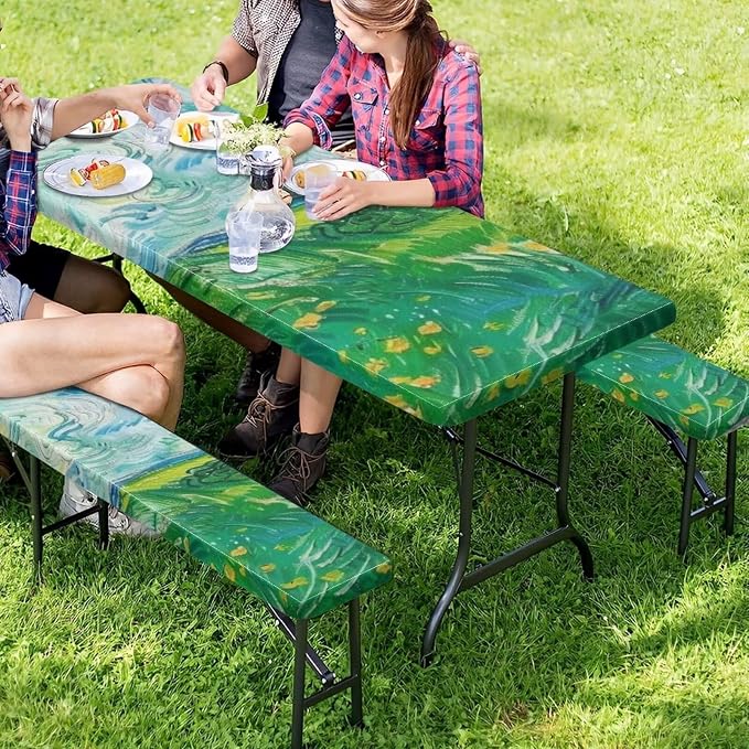 Green Field Picnic Table Cover with Bench Covers Elastic Picnic Table Covers Outdoor Table and Chairs Decorative Sets Camping Essentials Suitable for Summer Outdoor Camping