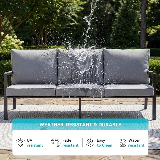 COSIEST Iron-Aluminum Patio Furniture Set, 3-Seat Metal Patio Sofa w Wood-Grain Coffee Table, Weather-Resistant Outdoor Sectional Sofa for Balcony, Porch,Deck