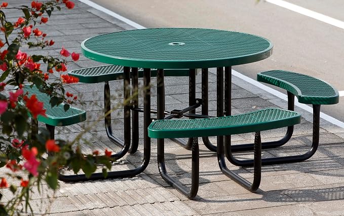 8-Person Picnic Tables for Outdoors, Industrial 46" Expanded Metal Round Picnic Table with 4 Benches & Umbrella Hole, Outside Table and Bench Set for Park, Garden, Backyard, Patio, Green