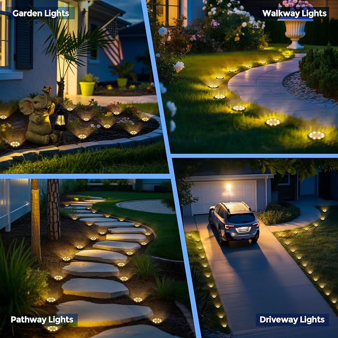 SOLPEX 12 Pack Small Solar Ground Lights, Driveway Lights Warm White | Solar Powered Pathway Lights Waterproof, Landscape Lighting for Walkway, Garden, Backyard, Patio- Black Lampshade