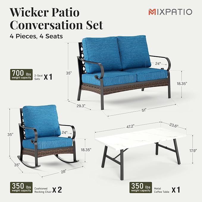 MIXPATIO Patio Furniture Set with Fire Pit Table, 4 PCS Metal Outdoor Conversation Set with 5.75'' Extra Thick Cushion, 2 Rocking Chairs, Loveseat Sofa and Gas Fire Pit Table, Pacific Blue