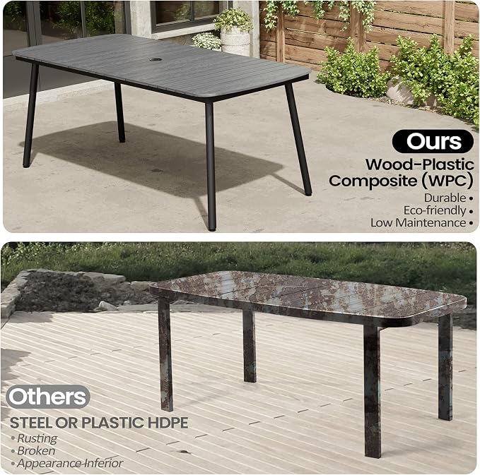 Grey Outdoor Dining Table for 6, 70" Rectangle Patio Table | 1.6" Umbrella Hole with Aluminum Frame and Waterproof Wood Grain Tabletop for Lawn Backyard Garden Poolside