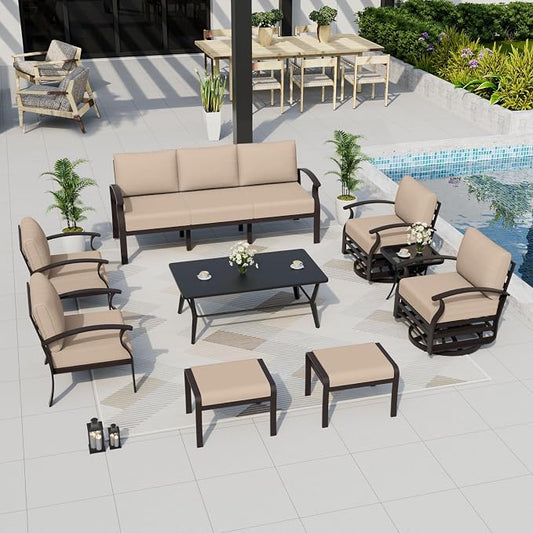 ALAULM Aluminum Patio Furniture Set with Coffee Table Rectangular, 9-seat Outdoor Sectional Furniture w/Swivel Chairs and 2 Ottomans, Patio Conversation Set for Porch, Backyard, Poolside-Sand
