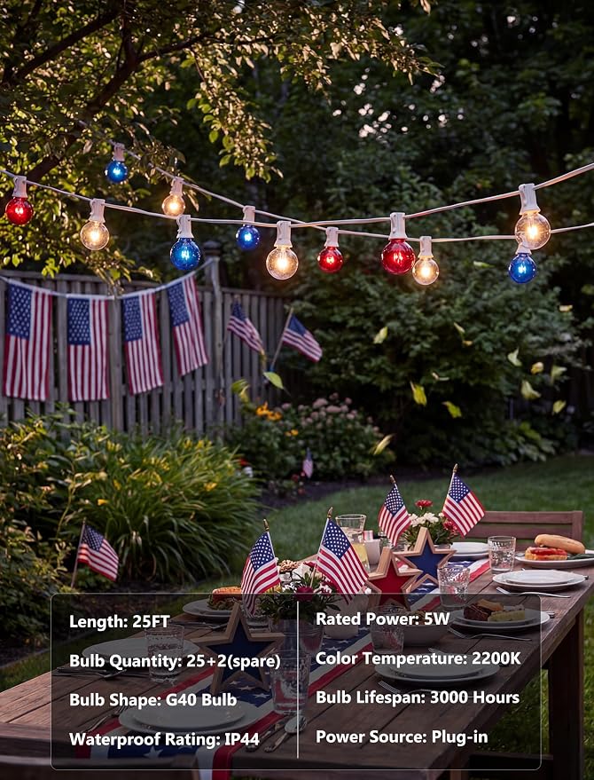 4th of July Decorations String Lights, 25Ft Outdoor Patio String Lights with 27 G40 Red White and Blue Light Bulbs(2 Spare), Independence Day Lights for Patriotic Party Garden Festival Decor- White
