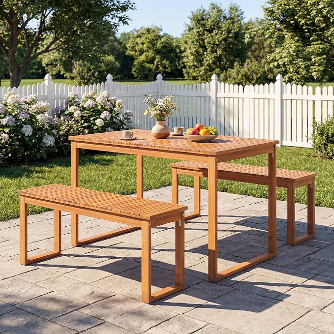 HAPPYGRILL Outdoor Acacia Wood Dining Table for 4-6, Rectangular Patio Table with Slatted Tabletop, Outside Rectangle Table for Garden, Balcony, Deck and Backyard