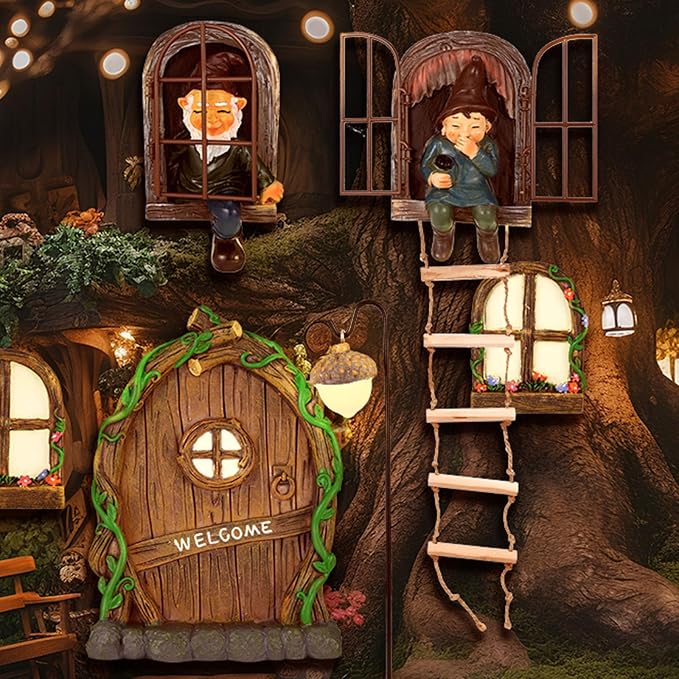 7 Pcs Fairy Garden Accessories Tree Hugger Gnome Statue Tree Faces | Fairy Door Window Set Dwarf Elf Landscape Figurine Out The Door Resin Sculpture Hanging Decor for Trees Outdoor Decor
