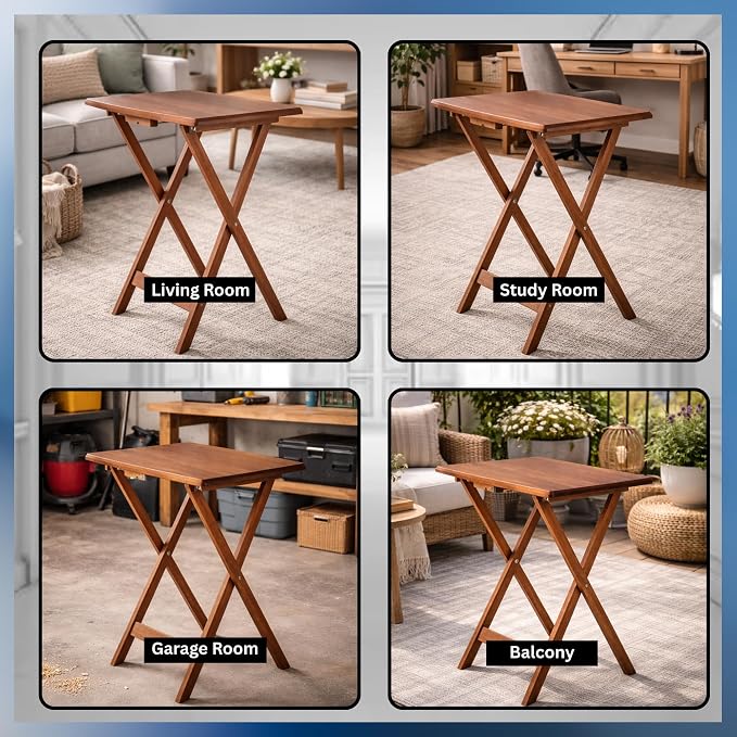 4-Pc Portable Dylan Wooden Snack Table Teak Finish Foldable Lightweight Space Saving Multipurpose Tray Indoor & Outdoor Laptop Stand Side Dinner Desk for Home Office Bedroom or Living Room