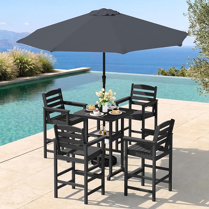 SERWALL Adirondack Bar Chairs and Table 5 Pieces Set with Umbrella, HDPE Bar Height Chairs Set of 2 and Bar Table with Ice Bucket, Outdoor Bar Stools Set for Balcony, Poolside, Backyard, Black