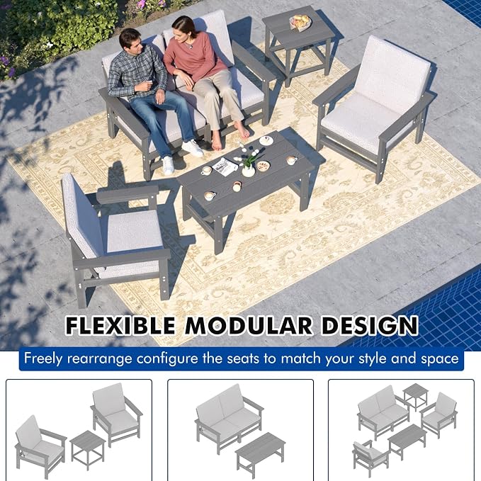 3-Piece HDPE Patio Furniture Set, All-Weather Outdoor Sectional Sofa Set with Side Table & Cushions - Wood-Like Composite Conversation Couch for Deck, Lawn, Balcony - Grey Frame