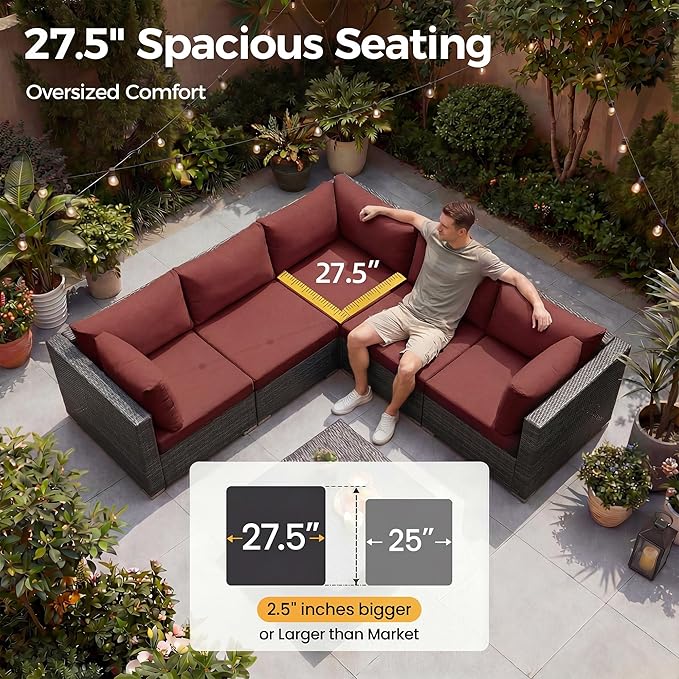 NICESOUL 20 Piece Outdoor Patio Furniture Set with Fire Pit and Chaise Lounge, 500 lbs High Weight Capacity Outdoor Sectional with Fire Pit, 16-Seat Deep Seating Sectional, Charcoal/Burgundy