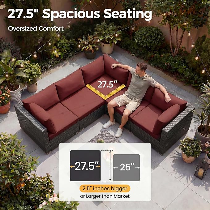 NICESOUL 13 Piece Large Outdoor Sectional with Fire Pit Table, 29.3'' High Back Patio Furniture with Fire Pit Table & Chaise Lounge, Big Deep 10-Seater for Garden, Grey Wicker & Burgundy Cushion