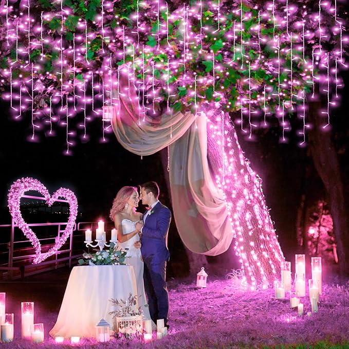 Pink Christmas Lights Outdoor Icicle Lights for Outside 33ft 400 LED String | Twinkle Lights Clear Wire Connectable 8 Modes Timer Plug in Waterproof for Window Party Wedding Holiday Patio Tree Decoration