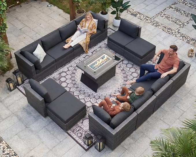 NICESOUL 13 Piece Patio Furniture w/Fireplace, Elegant Outdoor Seating w/Firepit, XL Size 29.3'' High Back Sectional Sofa, All-Weather Rattan Deck Couch, Modular Sturdy Conversation Set, Dark Gray