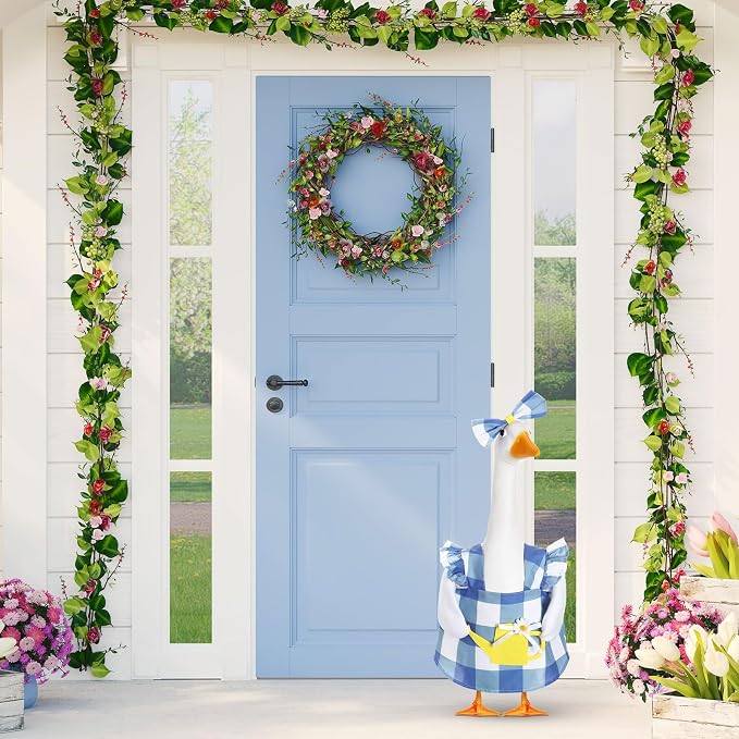 FuWeave Summer Spring Goose Outfit Flower Porch Goose Clothes for 23" Large Statue Outdoor Patio Yard Lawn Art Decoration(Plaid)