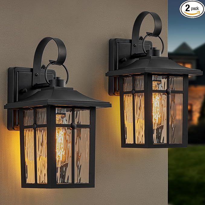 2 Pack Dusk to Dawn Outdoor Wall Lights, Black | Aluminum Exterior Light Fixtures Wall Mount, Ripple Glass, Waterproof Porch Lights, For Entryway, Garage, Patio