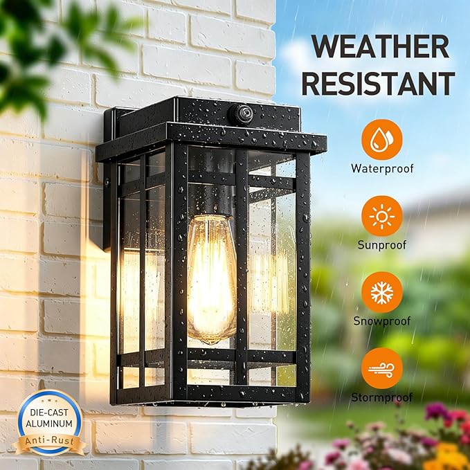2 Packs Dusk to Dawn Outdoor Wall Lighting 9.76'', Black | Exterior Light Fixture Wall Mount for House Front Porch Light, Anti-Rust Modern Outdoor Lantern with Glass for Garage