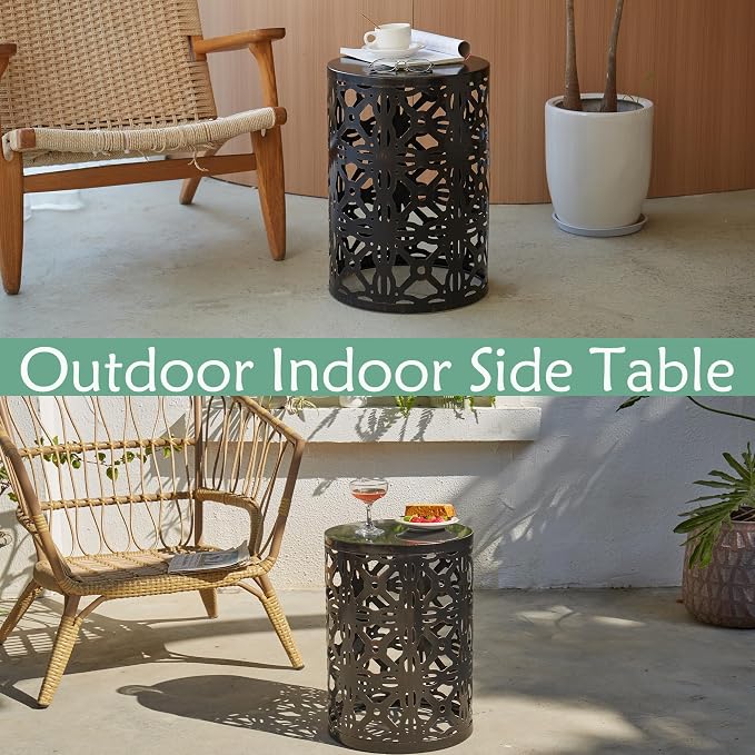 Y&M Outdoor Side Tables Set of 3, Metal Stacking Patio Side Tables for Outside, Round Indoor End Tables, Decorative Garden Stool Plant Stand for Patio Garden Balcony Porch, Black with Bronze