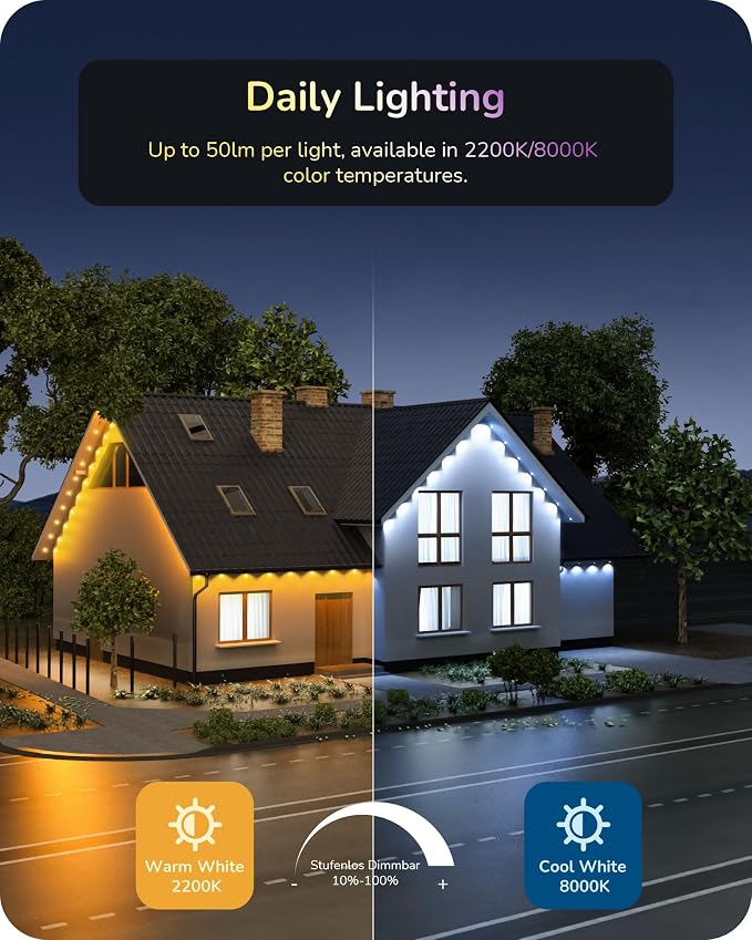 EDISHINE 60FT IP67 Waterproof Smart Outdoor Permanent Lights, RGBW | Voice/App/Remote Control, 50 Scene Modes, 2200K & 8000K, 50LM Each, LED Lights for Daily and Accent Lighting