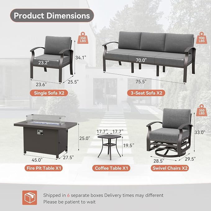 Kurapika Aluminum Patio Furniture Set 10-Seat Modern Metal Outdoor Conversation Sets w/45in Propane Fire Pit Table, Swivel Rocking Chairs Patio Sectional Sofa w/5.1 Inch Cushion, Grey