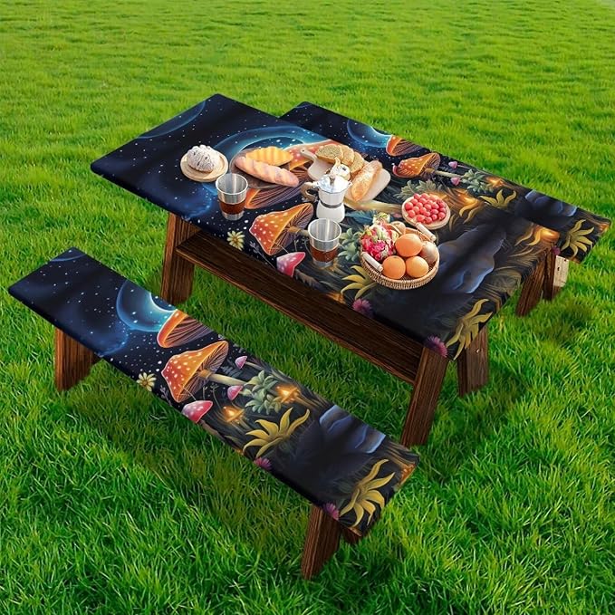 Mushroom Picnic Table Cover with Bench Covers Foldable Camping Table Covers for 6 Foot Tables 3 Pcs Picnic Table Bench Covers Camping Essentials for Camper, 94x30 Inches