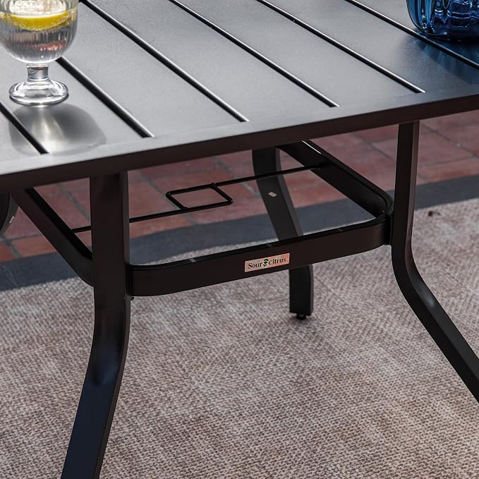 Sour Citrus 37" Outdoor Square Metal Patio Dining Table for 4 with 1.57" Umbrella Hole and Adjustable Feet, Weather-Resistant Steel Slat Table for Garden, Backyard, Balcony, or Deck, Black
