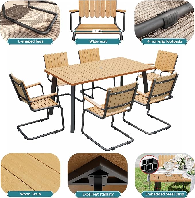 7 Piece Outdoor Conversation Set for 6, HDPE Patio Seating Set with Table and Chairs, All-Weather Outdoor Lounge Furniture with Umbrella Hole for Garden, Porch, Poolside, Gray & Teak