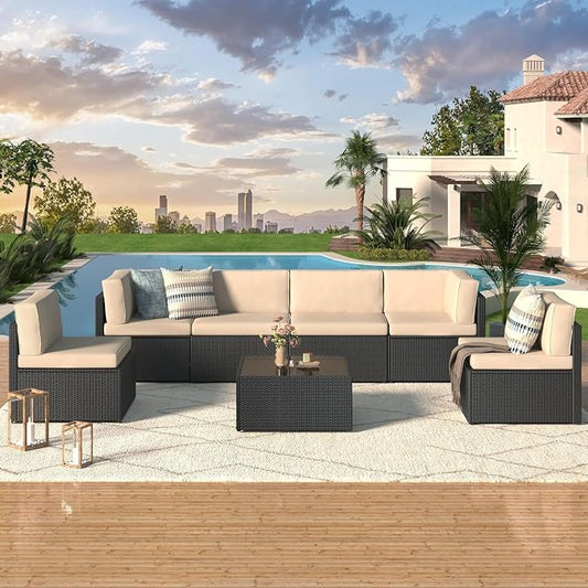 7 Piece Outdoor Patio Furniture Set with Cushions, PE Rattan Wicker Sectional Furniture Chair Set with Tea Table, Modular Patio Sofa for Garden, Backyard, Balcony Outdoor Lounge Area(Beige)