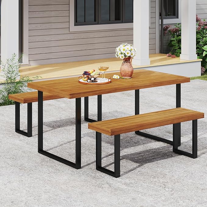 Tangkula 3 Pieces Patio Dining Table Set, 63” Rectangle Acacia Wood Table with Umbrella Hole and 2 Backless Bench with Metal Frame, Outdoor Dinette Furniture for Garden Yard